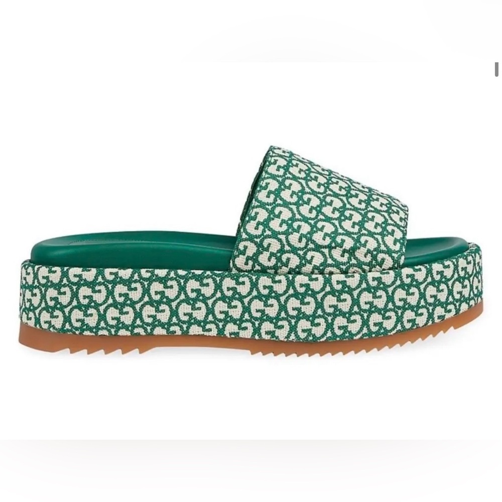 Gucci Angelina slide sandals GG logo platform emerald green canvas tan 39 - Picture 5 of 5
